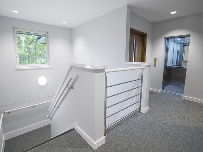 Stairwell and common areas at refurbished offices to rent Birmingham Business Park