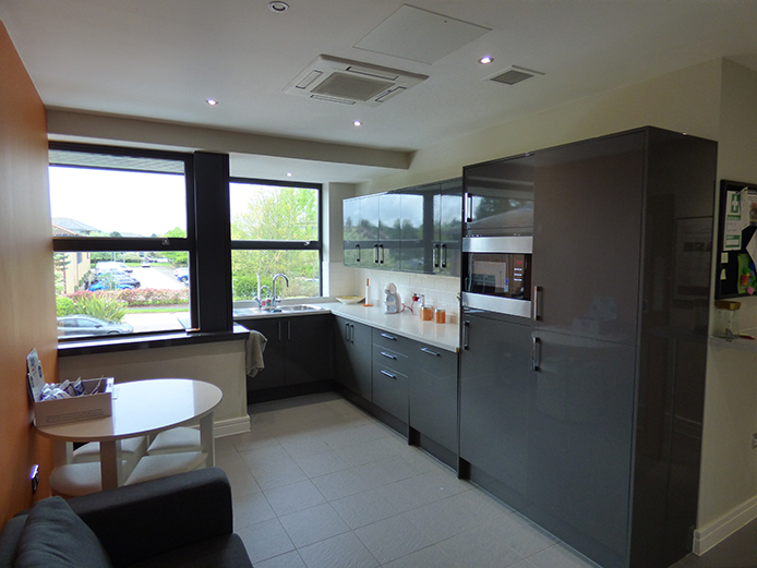 Refurbished kitchen facilities at these Birmingham Business Park offices, overlooking mature parkland setting