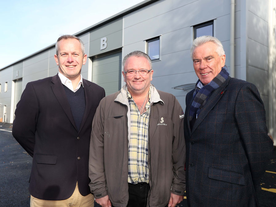 Crescent Trade Park industrial units Redditch with new occupier (Primal Cure), David MacMullen (developer) and Kenny Allan (KWB industrial agent)