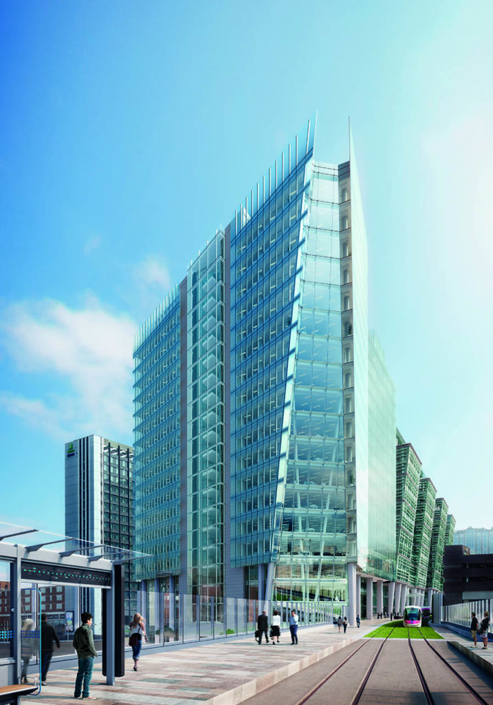 Portrait CGI drawing of the external view of Three Snowhill which will add new space to the Birmingham office market