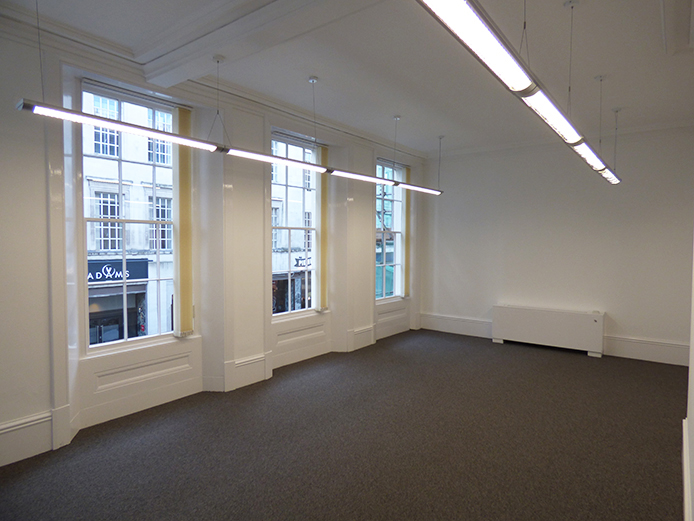 Internal view of period windows and LED lighting for offices to let Birmingham