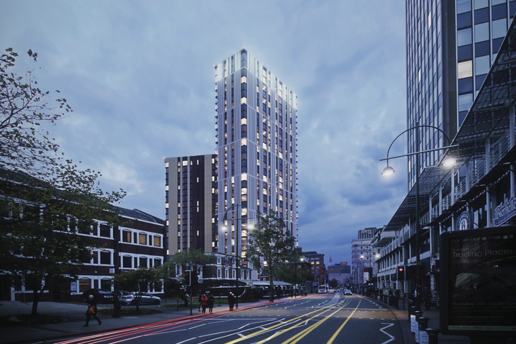 The Bank residential scheme in Birmingham at night, for which KWB provides block management