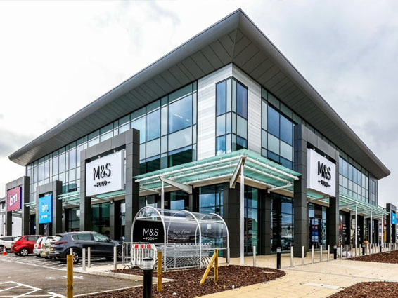 Corner of Sheldon Retail Park in Birmingham with branches of M&S Foodhall, The Gym and B&M - out-of-town retail park managed by KWB Property Management