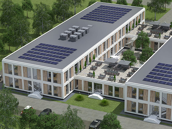 CGI from elevated angle of Abbey Park HQ building which can provide high quality offices in Stoneleigh