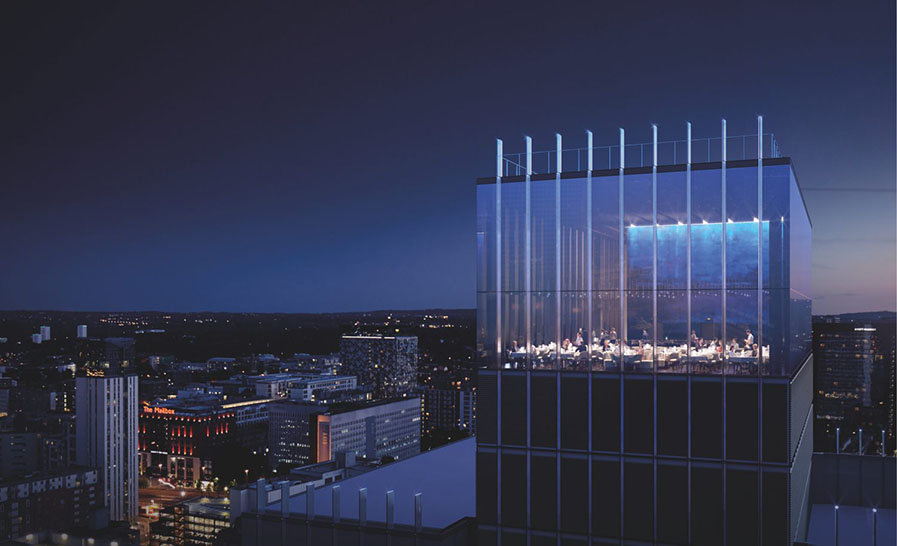 CGI of new rooftop restaurant and 103 Colmore Row providing a panoramic view of the Birmingham skyline