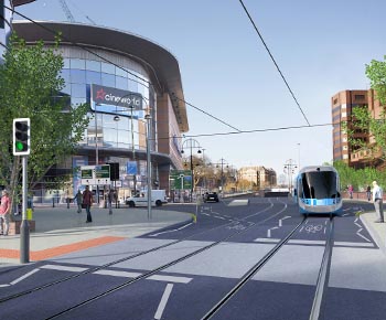 CGI of the Midland Metro line on Broad Street in Birmingham city centre currently under construction