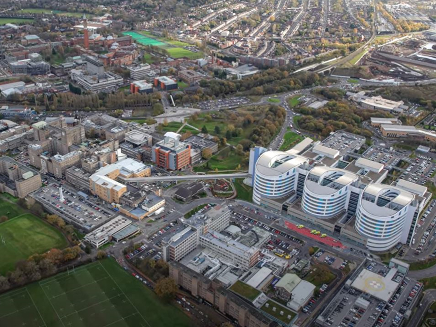 Aerial view of the Queen Elizabeth Hospital Birmingham (QEHB) campus, home to critical life sciences facilities