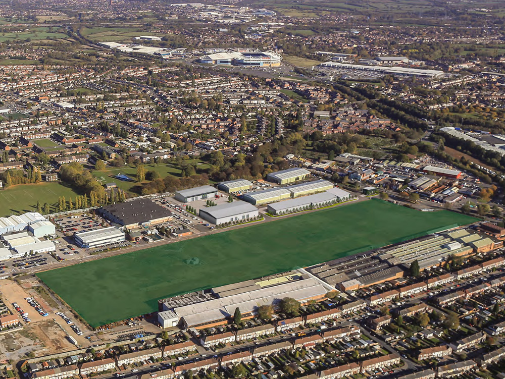 Aerial of site for new Holbrook Park trade counters and industrial units to let Coventry