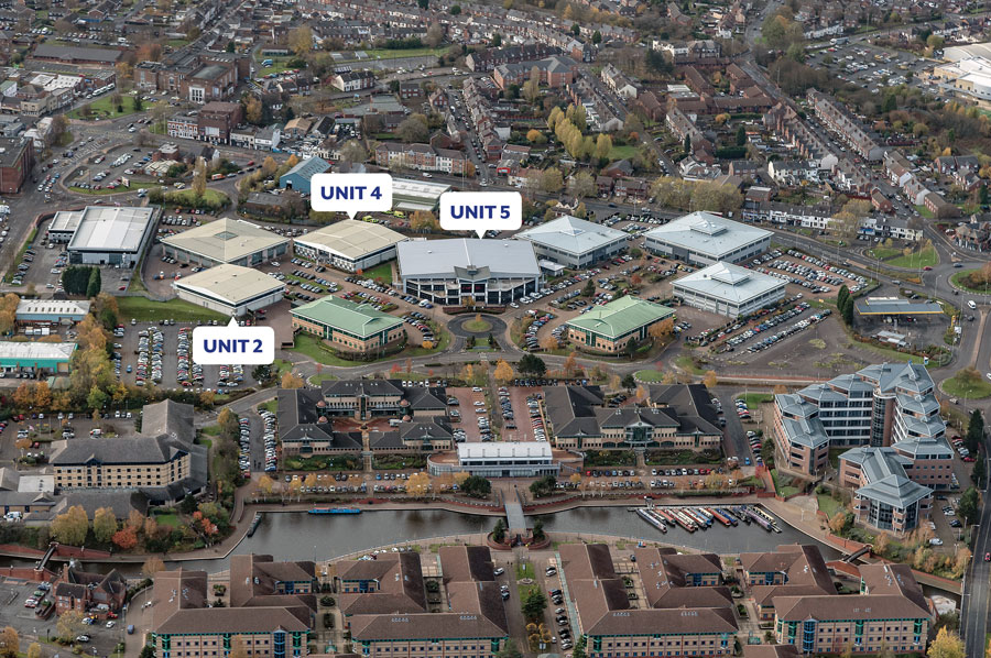 Aerial of Waterfront Business Park in Brierley Hill showing units recently sold as investments