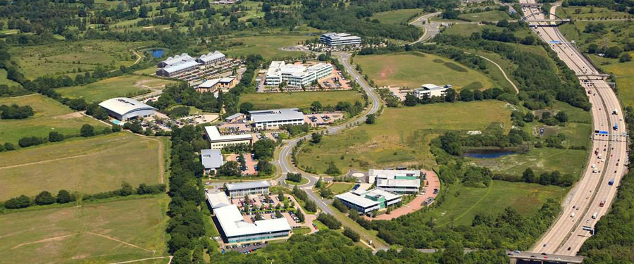 Aerial shot of Blythe Valley Park's Solihull offices and the M42