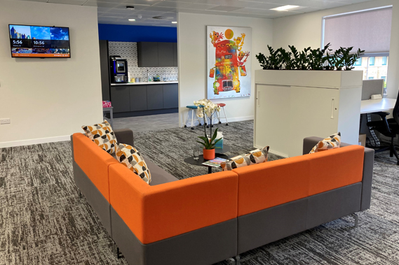 Breakout area at Vanderlande's offices following new office fit out by KWB Workplace