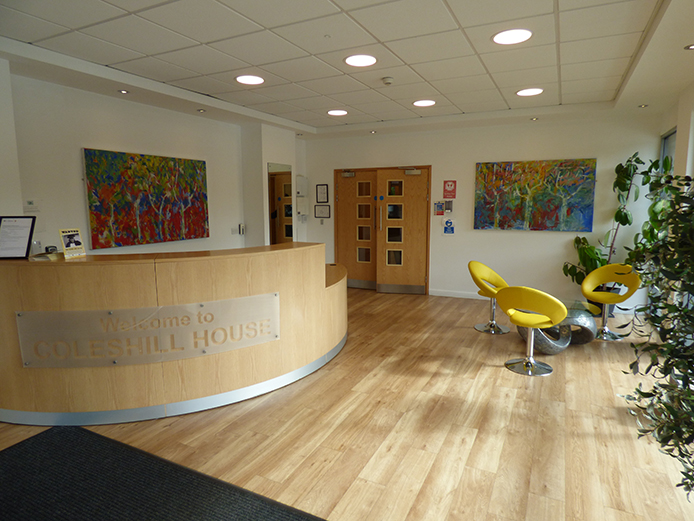 Reception area of Coleshill offices to rent