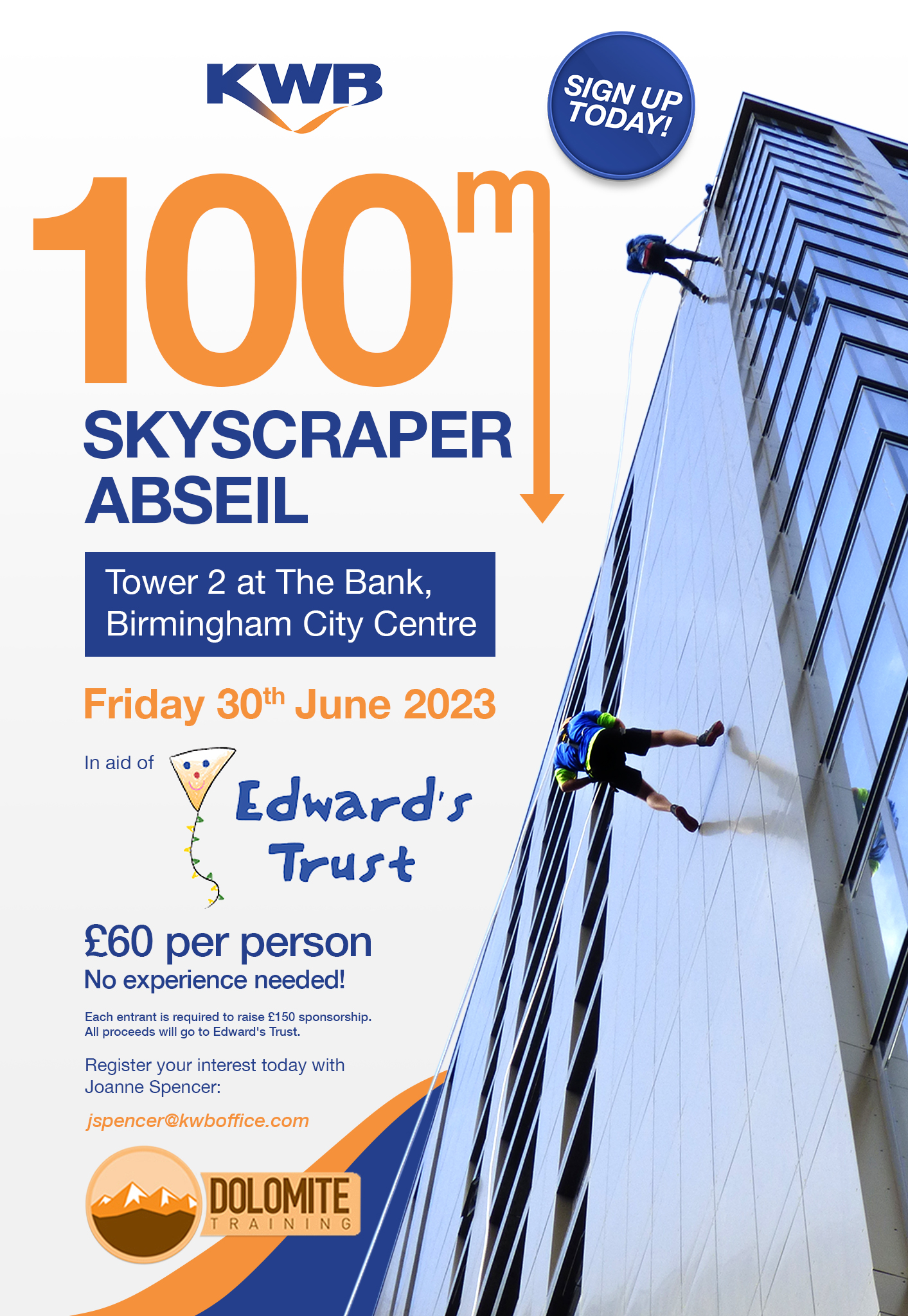 KWB charity abseil returns on Friday 30th June 2023 at The Bank, Birmingham city centre