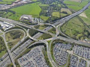 Aerial view of M42 J6, a key area within the Solihull office market