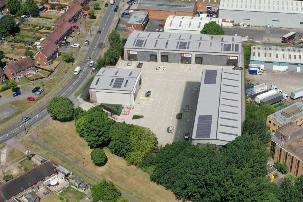 Overhead view of Garretts Green Trade Park, a new-build industrial units available October 2026