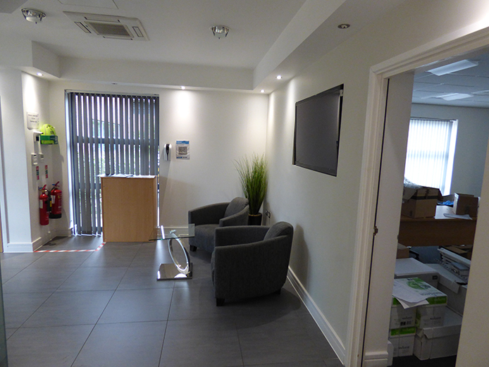 Refurbished reception area at 2430 Regents Court freehold offices for sale on Birmingham Business Park