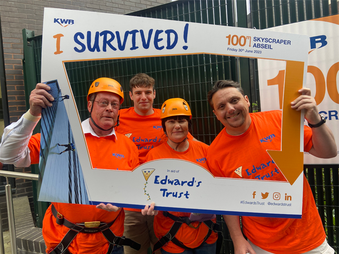 Four of the 70 participants that braved the KWB abseil for Edward's Trust, including KWB's own Paul Warder, Jacob Davies, Emma Bird and Martin Cook
