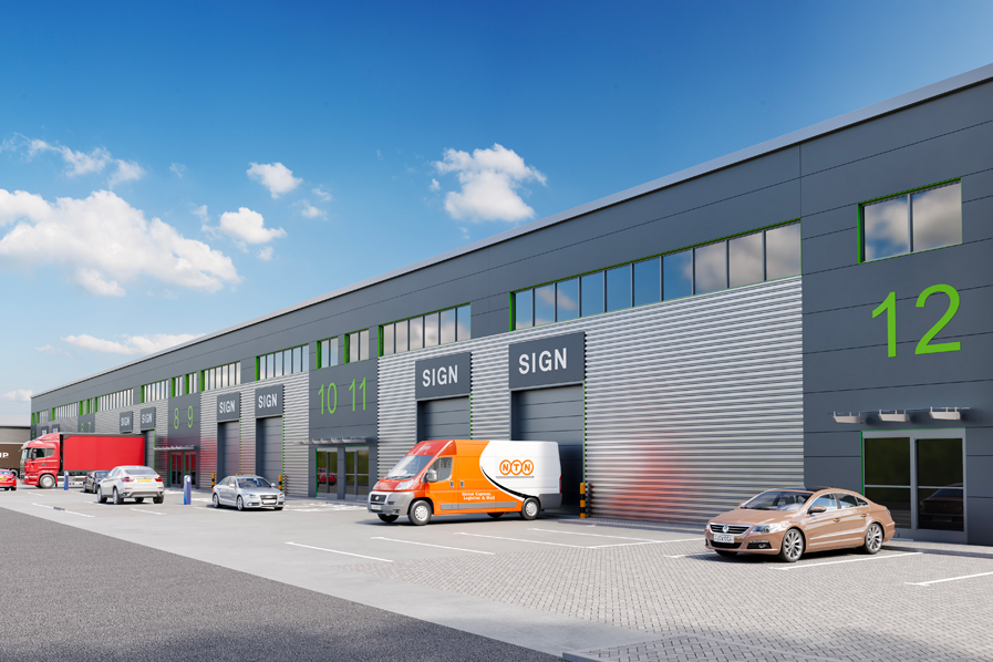 Exterior CGI at the new Holbrook Industrial Park. CGI shows several large industrial units in Coventry with vehicles parked outside.