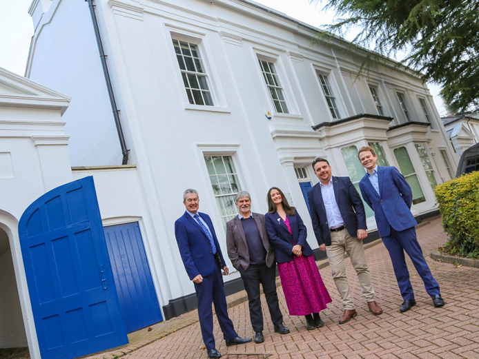 John Bryce - Director of KWB, Peter Barrett and Clare Martin of Edward's Trust, Martin Cook - Head of Valuation & Lease Advisory at KWB, Tom Foley - Asset Manager at Calthorpe Estates standing outside Edward Trust's new home at 37 Calthorpe Road in Edgbaston Village