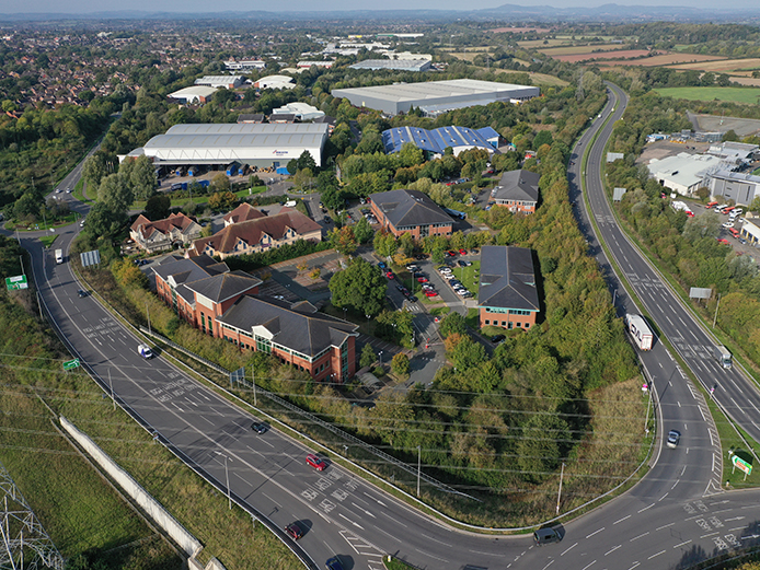 Aerial of Sixways with offices to let Worcester