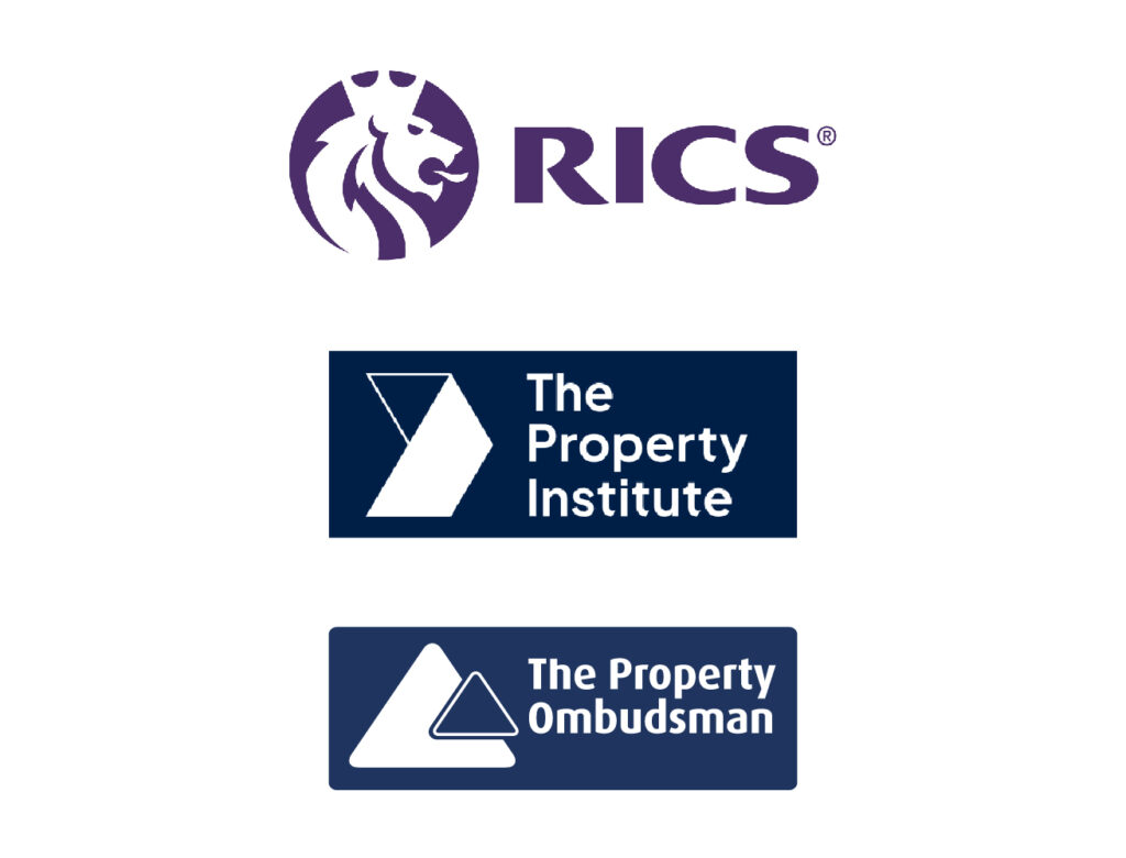 Logos for RICS, The Property Institute and The Property Ombudsman, which whom KWB Residential is accredited