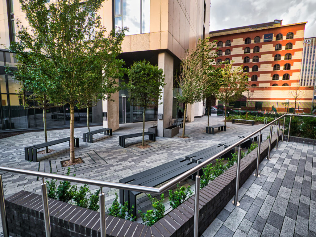 The terrace at The Bank apartment block in Birmingham city centre, illustrating the communal areas and facilities managed by our block management service for investors and residents