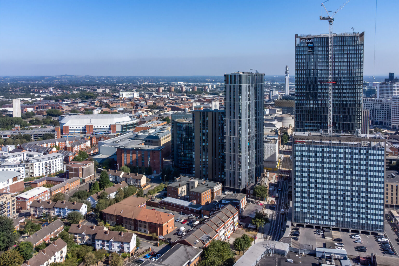Aerial view of The Bank apartment blocks in Broad Street, Birmingham, managed by KWB Residential