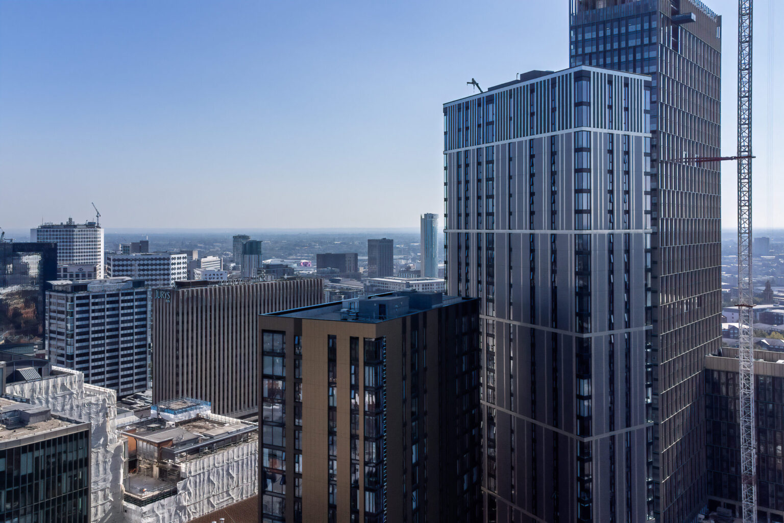 View of Birmingham city centre skyline with The Bank towers, for which KWB Residential provides comprehensive block management in Birmingham