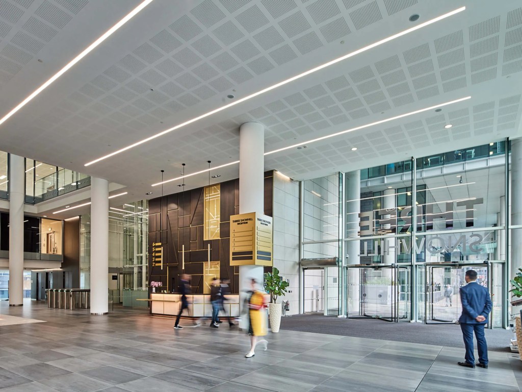 Impressive double-height reception at Three Snowhill where 58,697 sq ft was let in the Birmingham office market Q2 2024 - the quarter's largest transaction