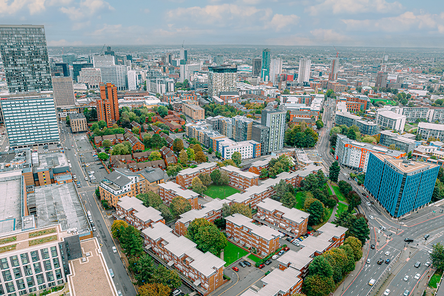 Aerial view across Birmingham city centre and its wide range of residential property