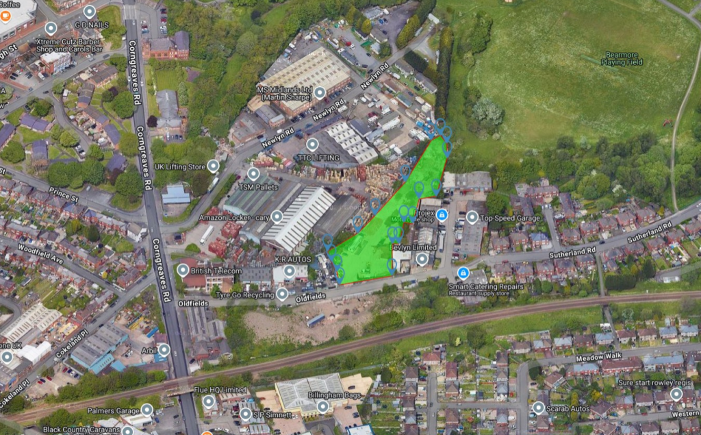 Aerial view showing the area surrounding the open storage development land for sale in Sandwell, West Midlands