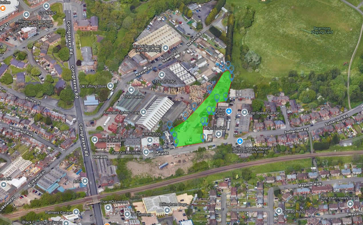 Aerial view showing the area surrounding the open storage development land for sale in Sandwell, West Midlands