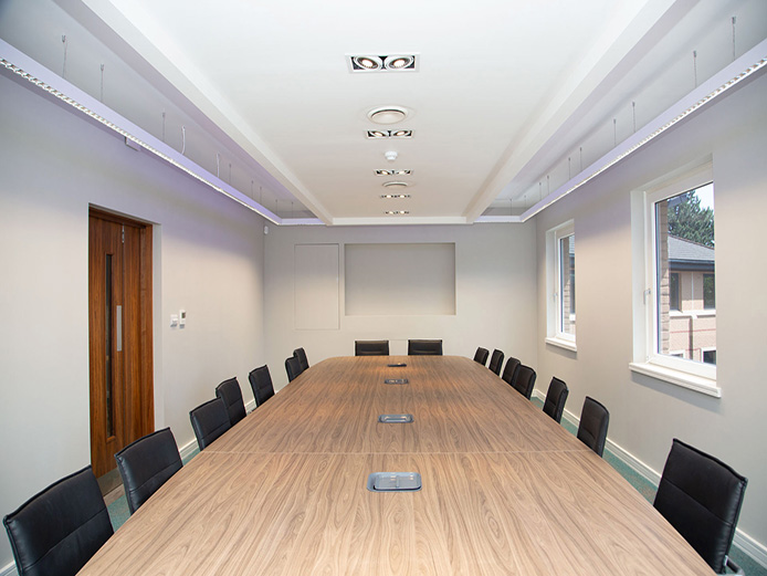 Boardroom with ambient lighting at fully refurbished offices, Birmingham Business Park, Solihull