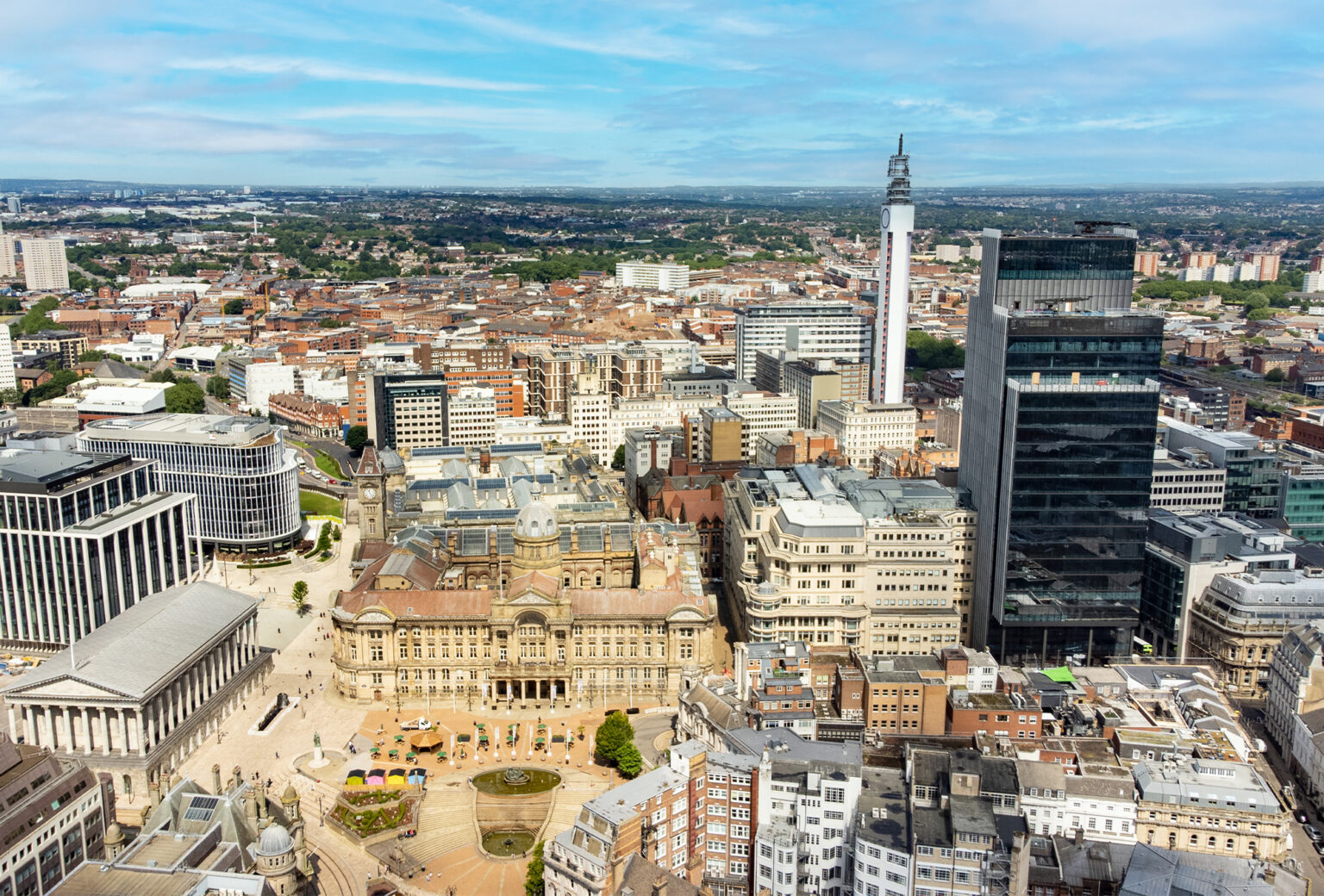 Aerial shot of Birmingham City Centre showing the Colmore Business District and the recently completed Paradise