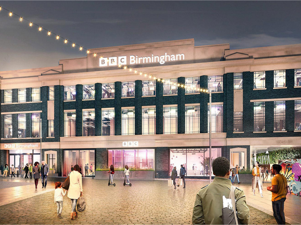 Facade of the proposed Typhoo Wharf, showing the BBC's growth in the Birmingham office market 2024
