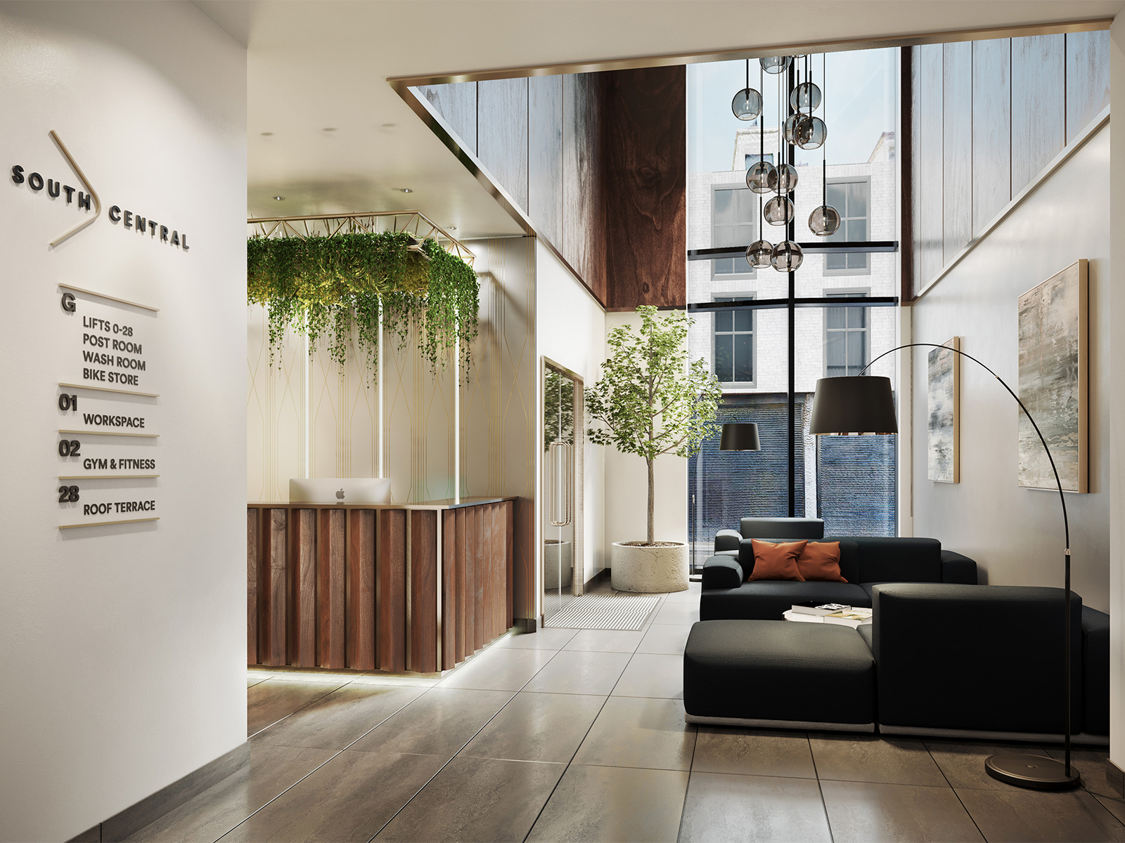 Reception area of new residential block, South Central, based on Essex Street in Birmingham
