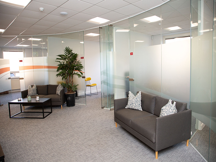 Reception area for high-quality fitted out office space to let Solihull