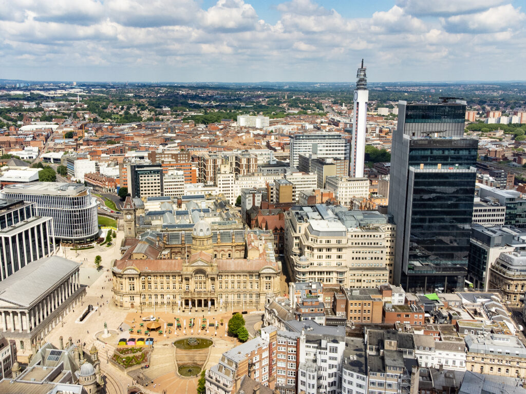 Aerial view of Birmingham city centre, highlighting Victoria Square, Paradise and Colmore Row for key office deals in the KWB Birmingham office market 2025 H1 review