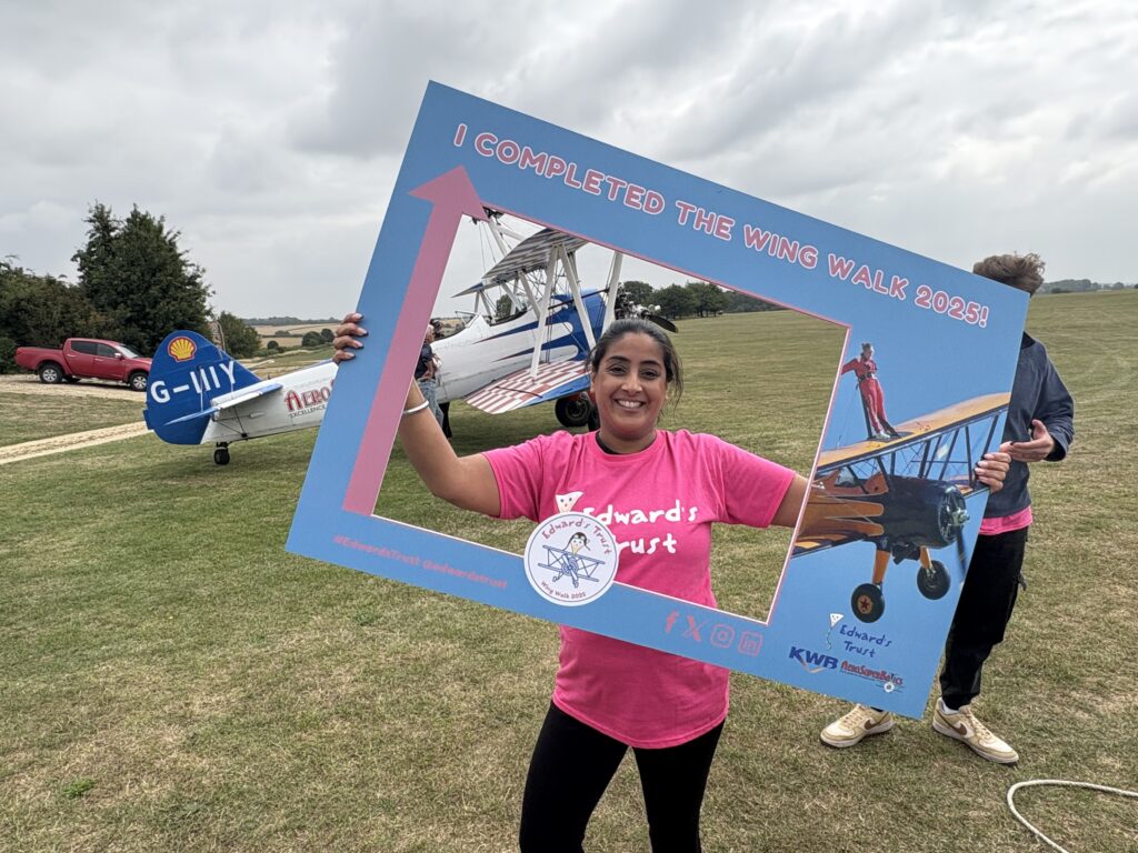 KWB's Narinder celebrating her successful Edward's Trust wingwalk in 2025, raising £2,000 for the charity