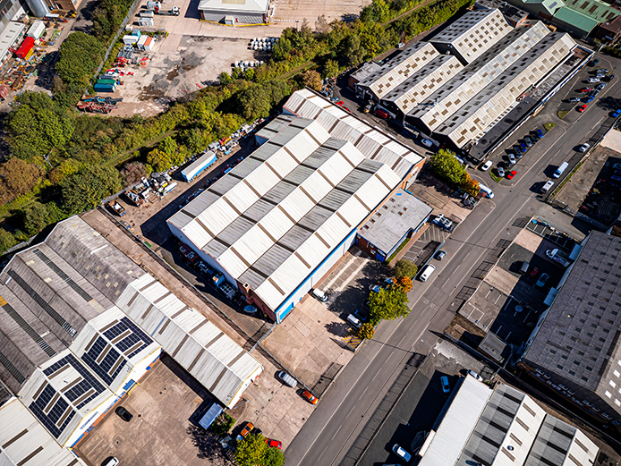 Birds eye view of this industrial unit for sale that provides secure yards in a prominent location, Aldridge