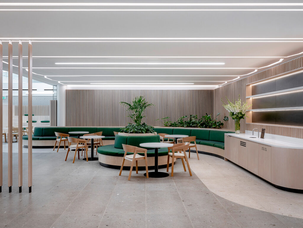 Communal break-out area situated in the building's triple height atrium