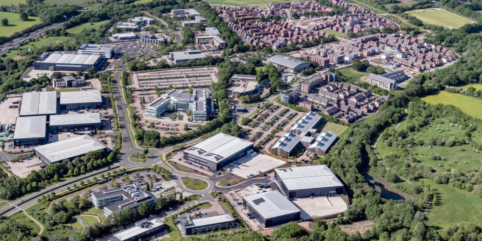 Aerial view of Blythe Valley Park office space in Solihull, where KWB secured Emixa’s letting at Tungsten