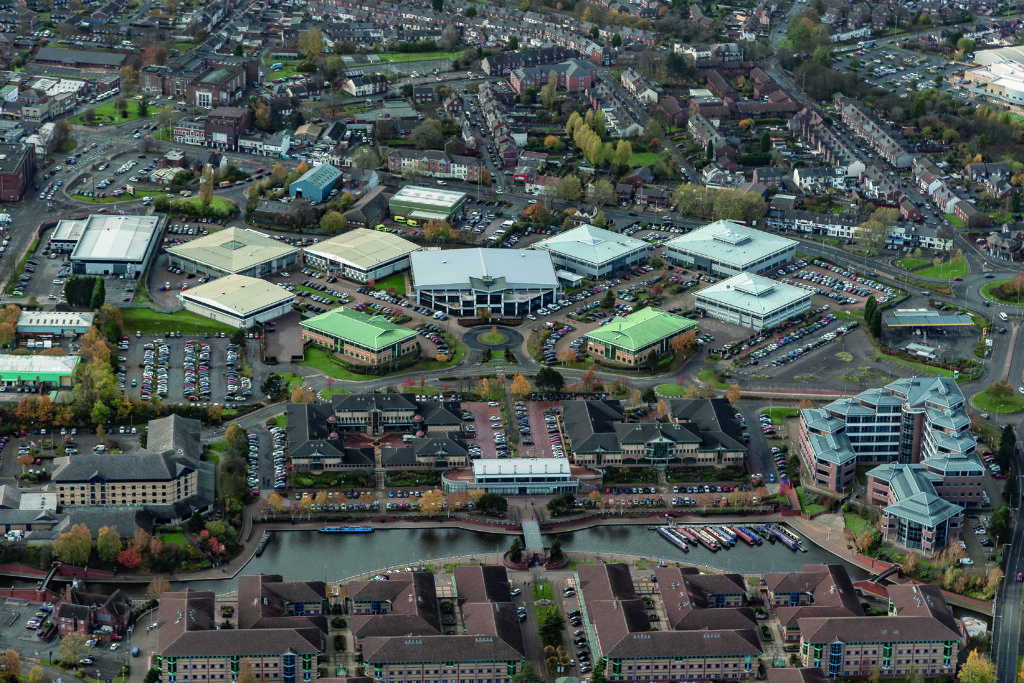 Aerial view of Waterfront Business Park where KWB has secured the sale of the park's final unit through its commercial property asset management services