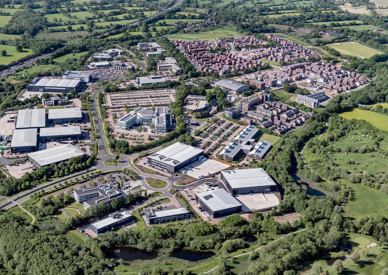 Aerial of Blythe Valley Park, Junction 4 of the M42 in Solihull, where the Pinewood AI letting at One Central Boulevard was the largest deal of H2