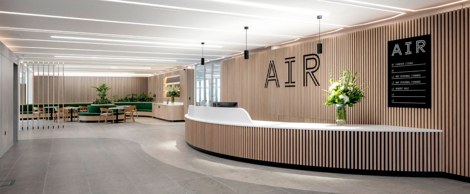 Newly refurbished reception and breakout area at AIR Solihull, 35 Homer Road, offices to let in Solihull - now marketed by KWB
