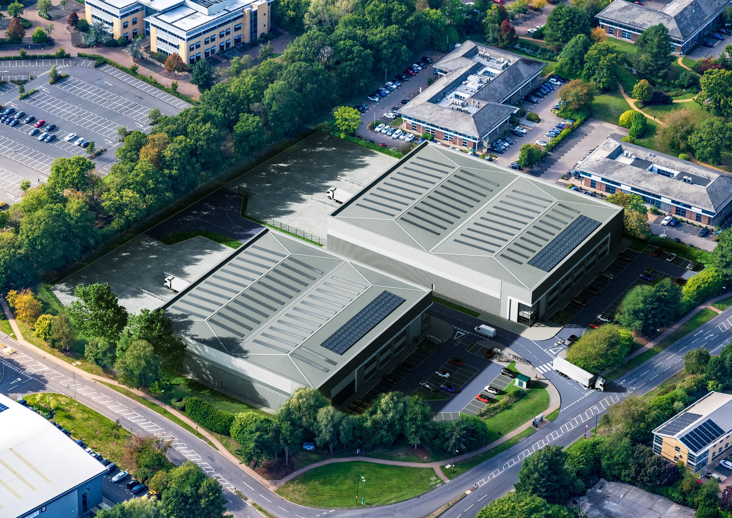 Aerial CGI of the Diamond development at Birmingham Business Park - industrial units to let in Solihull