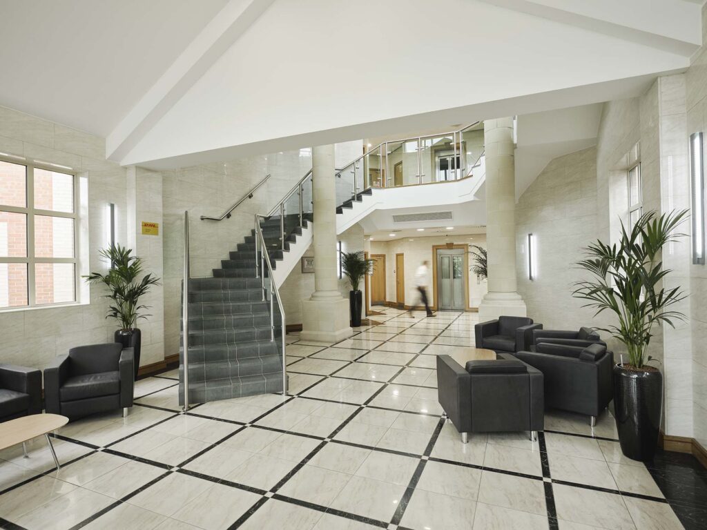 Reception area of Centurion Court, Tamworth - new head office secured by KWB for M&J Evans