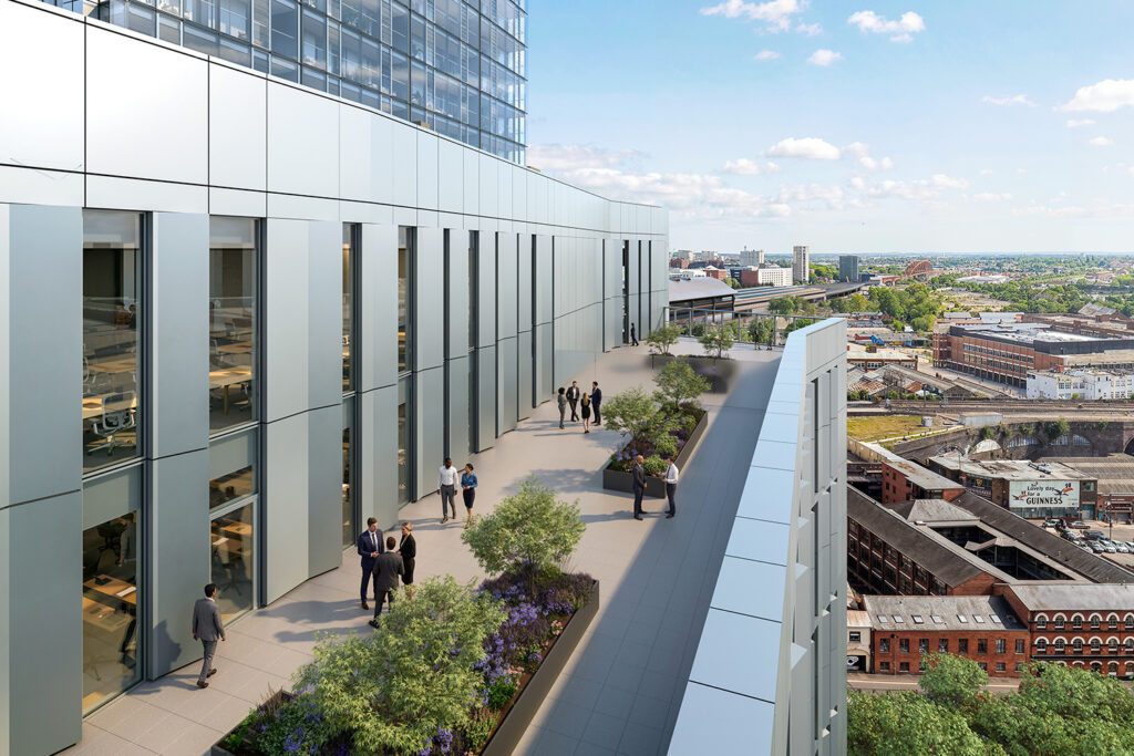 CGI of the business lounge terrace on the 10th floor of 1 Beorma Place opposite Selfridges