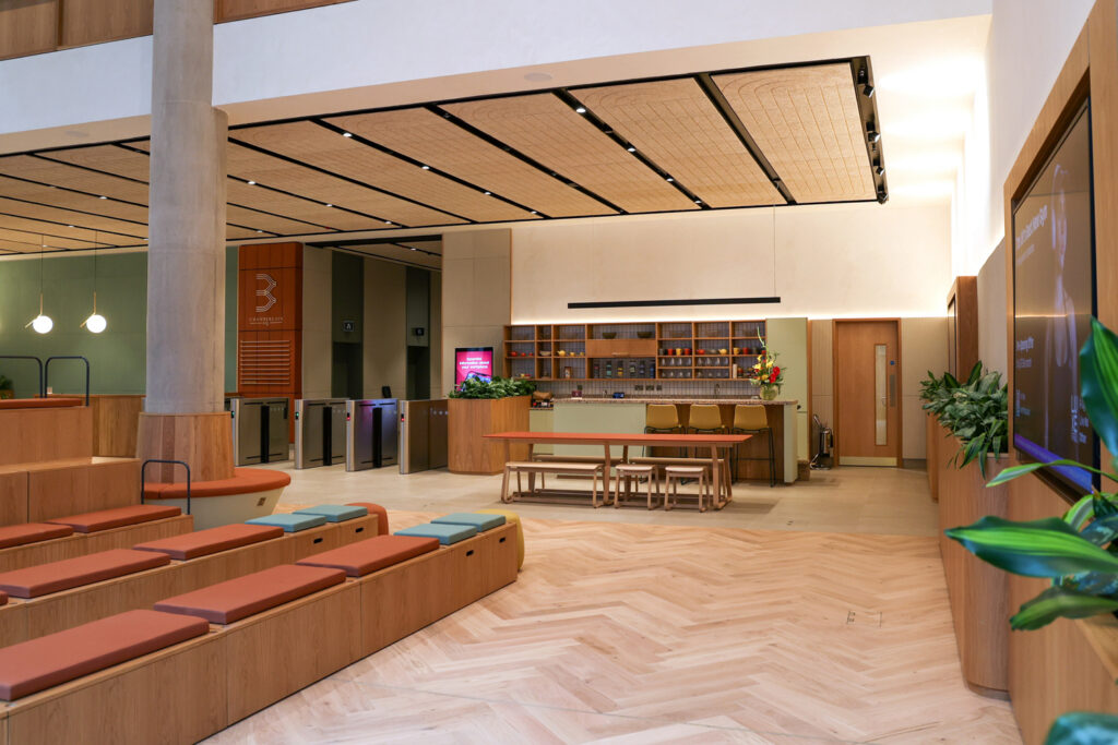 Reception area of Three Chamberlain Square where Eversheds reduced their office footprint by 43% in their H1 2026 move